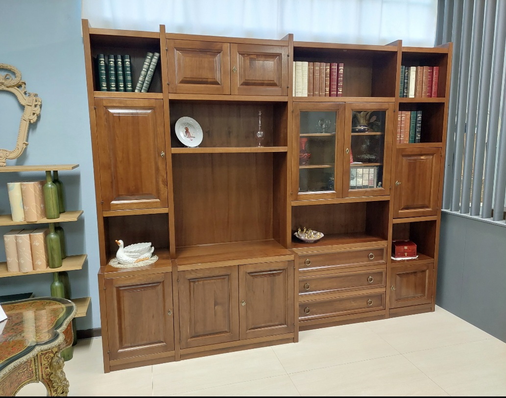 Parete soggiorno/libreria in noce tulipier massello